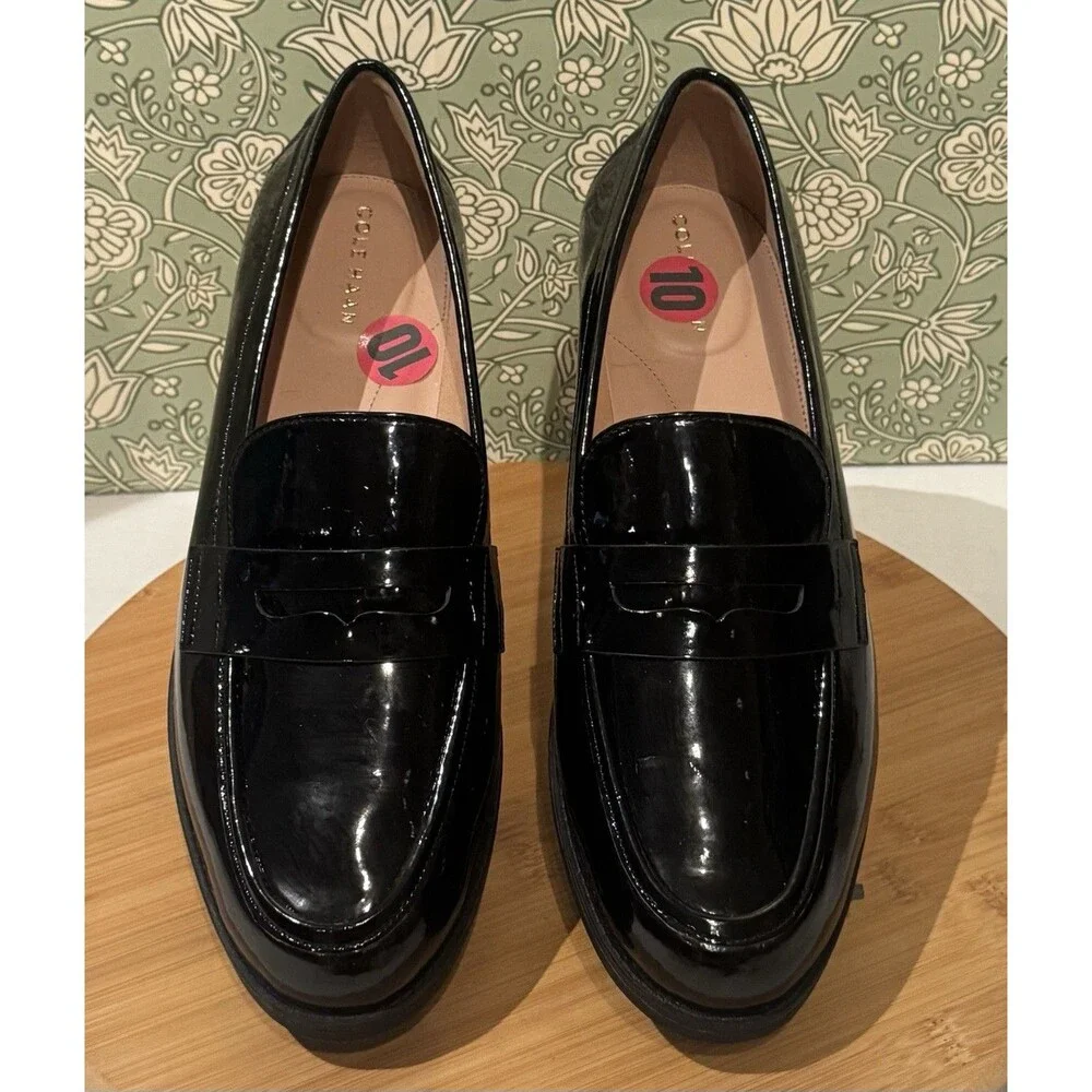 Cole Haan Haverhill Penny Loafers Women's 10B Black Patent Shoes Classy Comfort